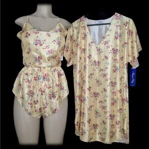 NWT 3pc Vintage SATIN Lingerie Set SHINY Flutter PANTY Floral Nightgown ~ M/L